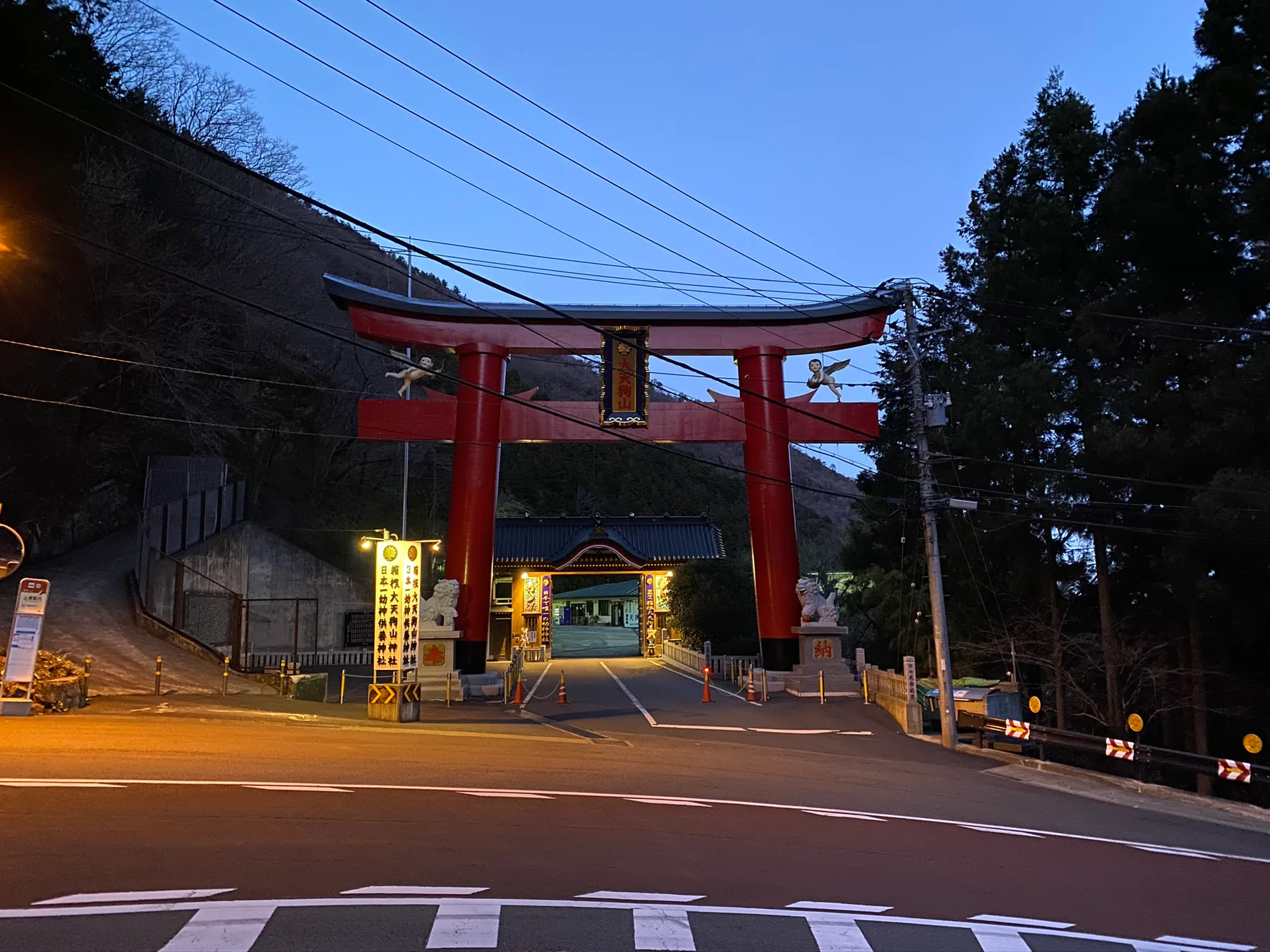 A road and torii gate in Hakone after dark.