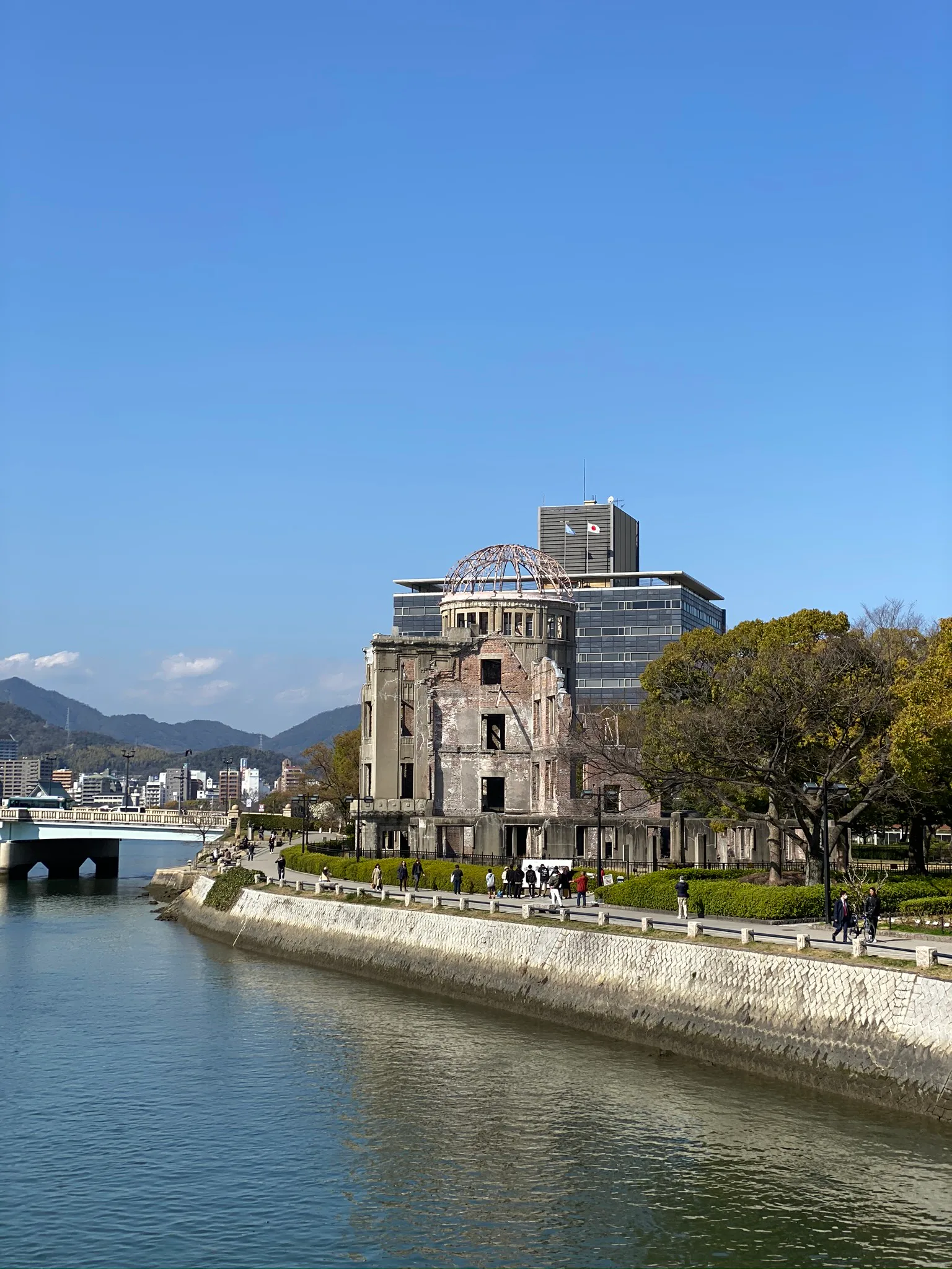 The Atomic Bomb Dome beside the river in Hiroshima.