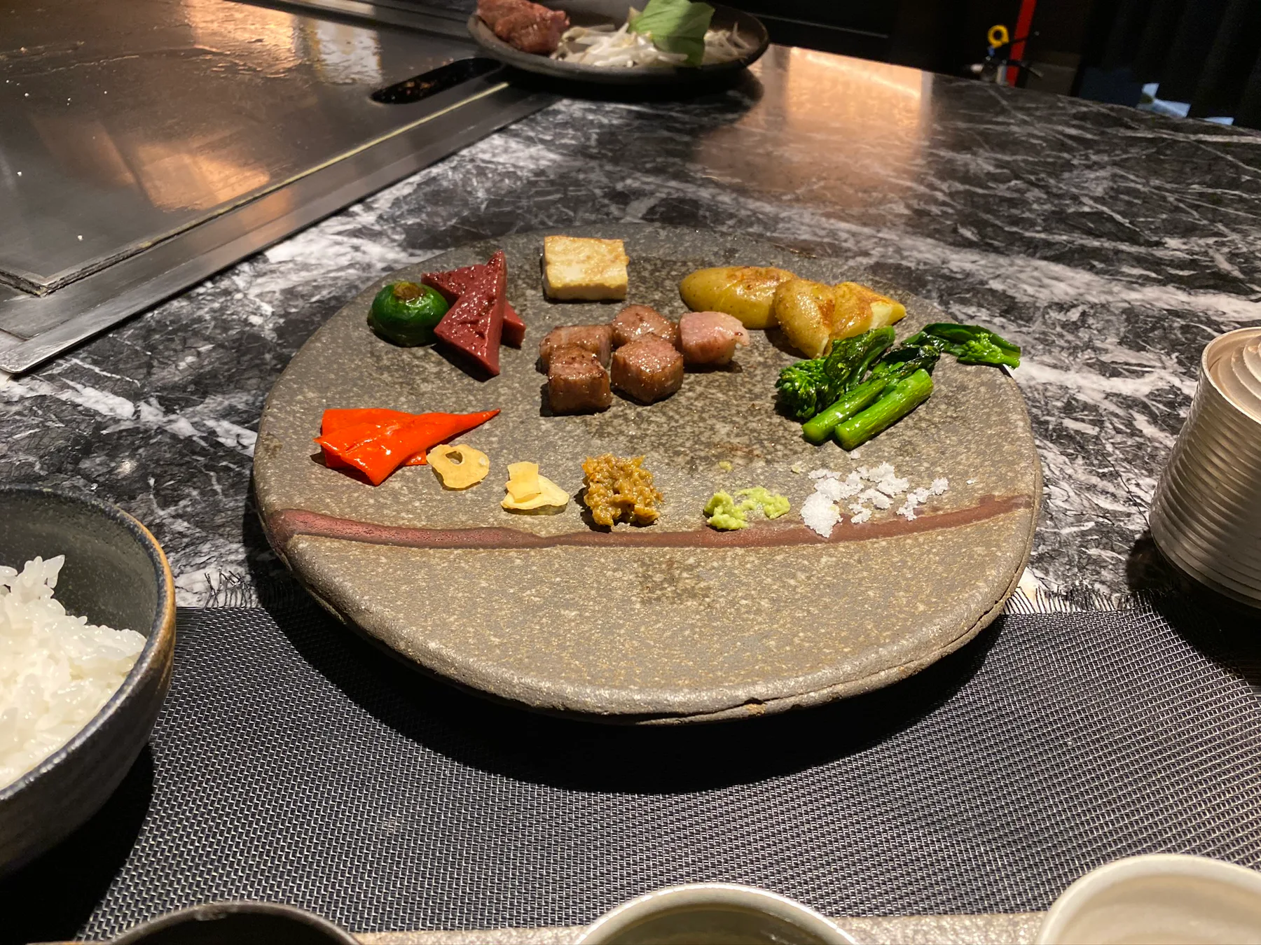Kobe beef and vegetables on the grill.