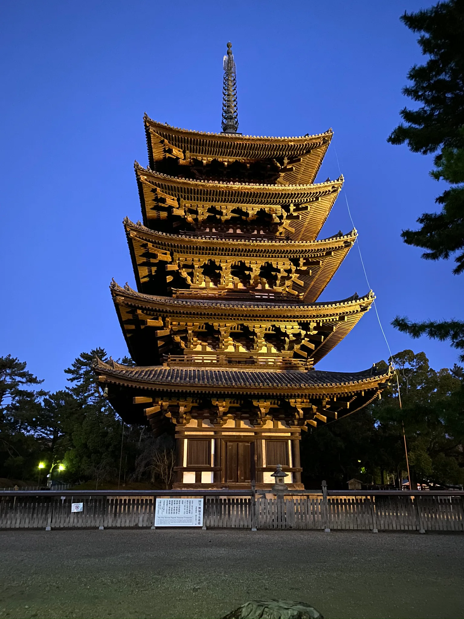 A pagoda lit at dusk in Nara.