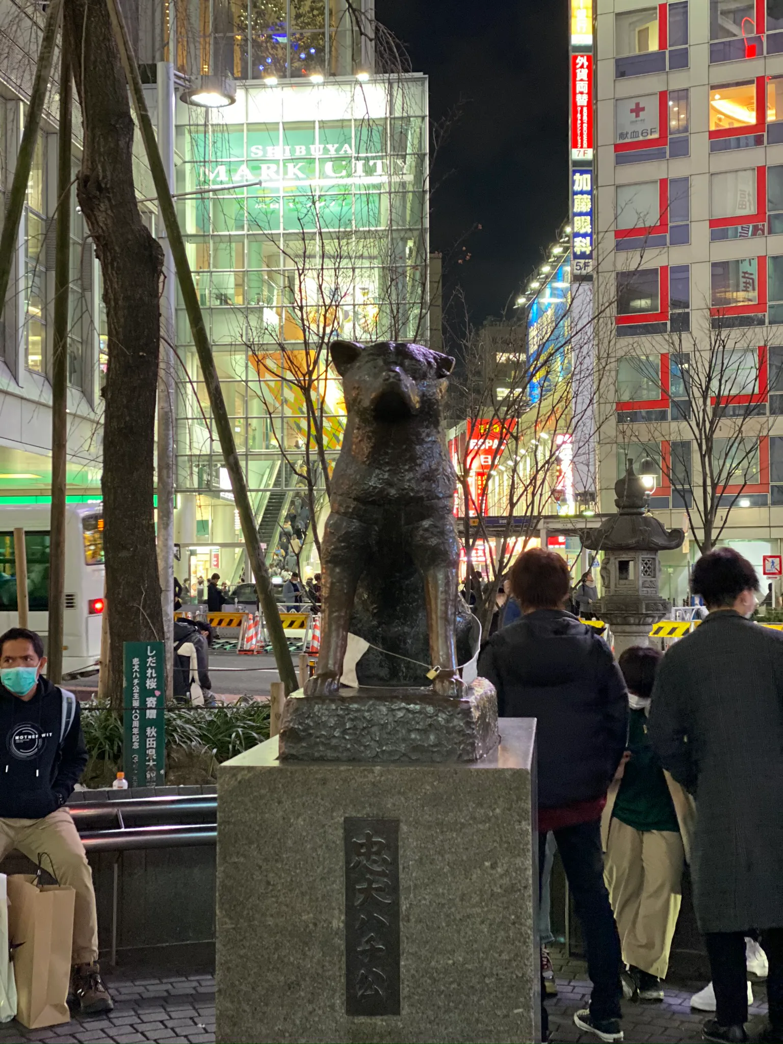 The Hachikō statue in Shibuya at night.