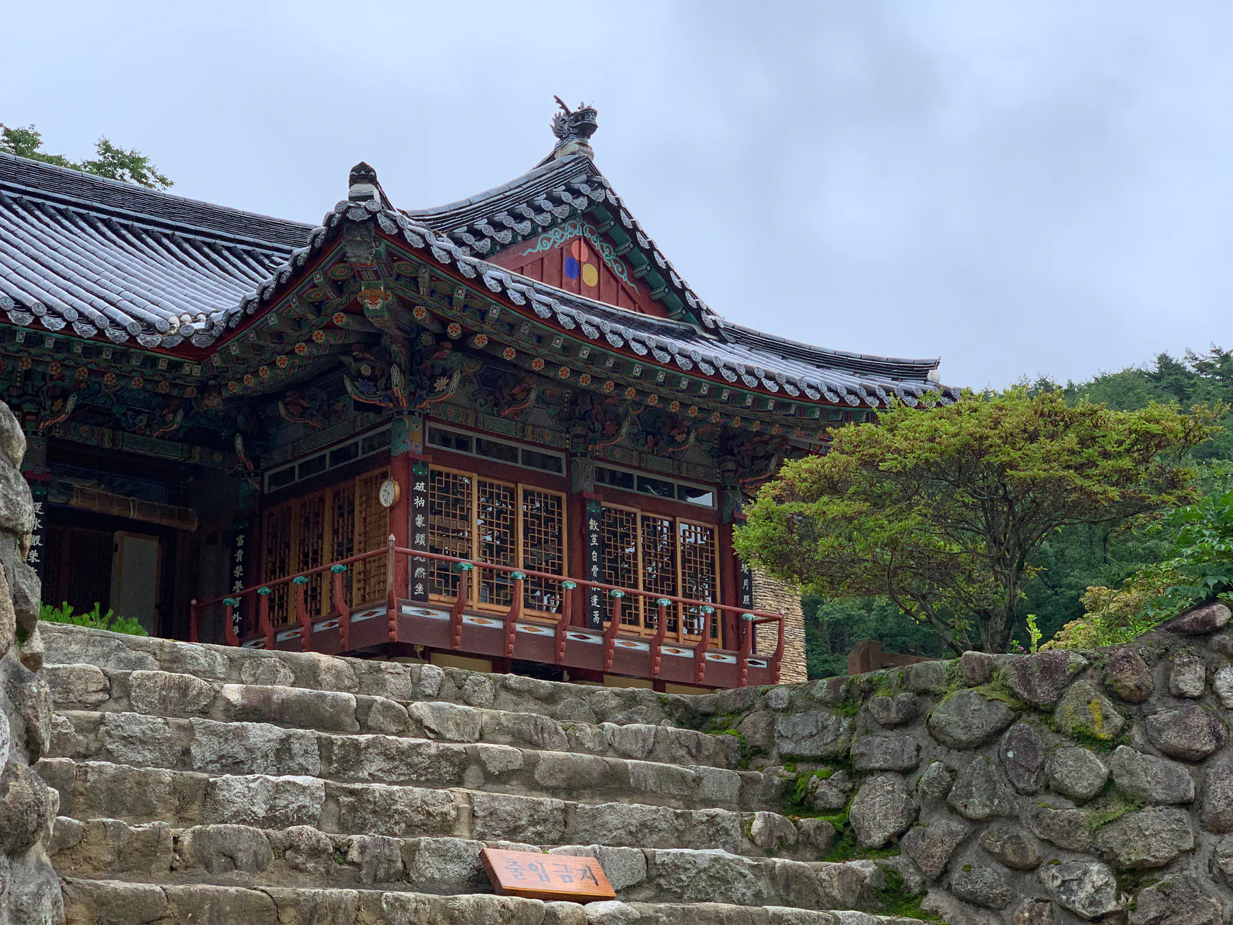 A temple building framed by stone steps and forest near Donghwasa.