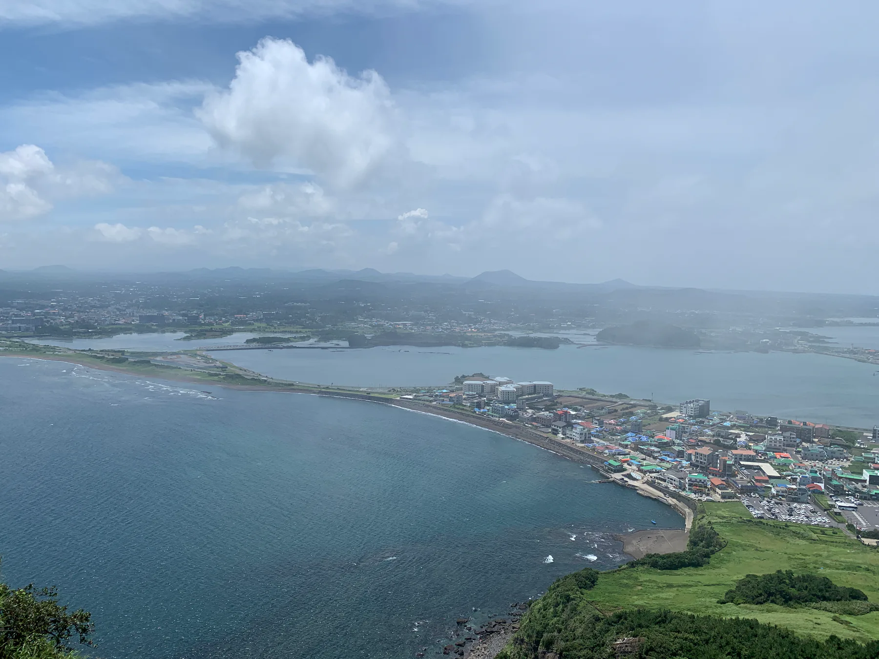 A view of Jeju coastline and water from the road.